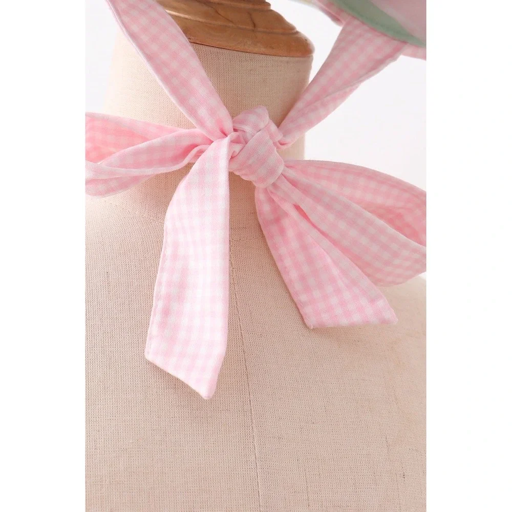 Pastel Rainbow Striped Sun Bonnet Pink Gingham Trim Wide Brim Tie Buttons NEW